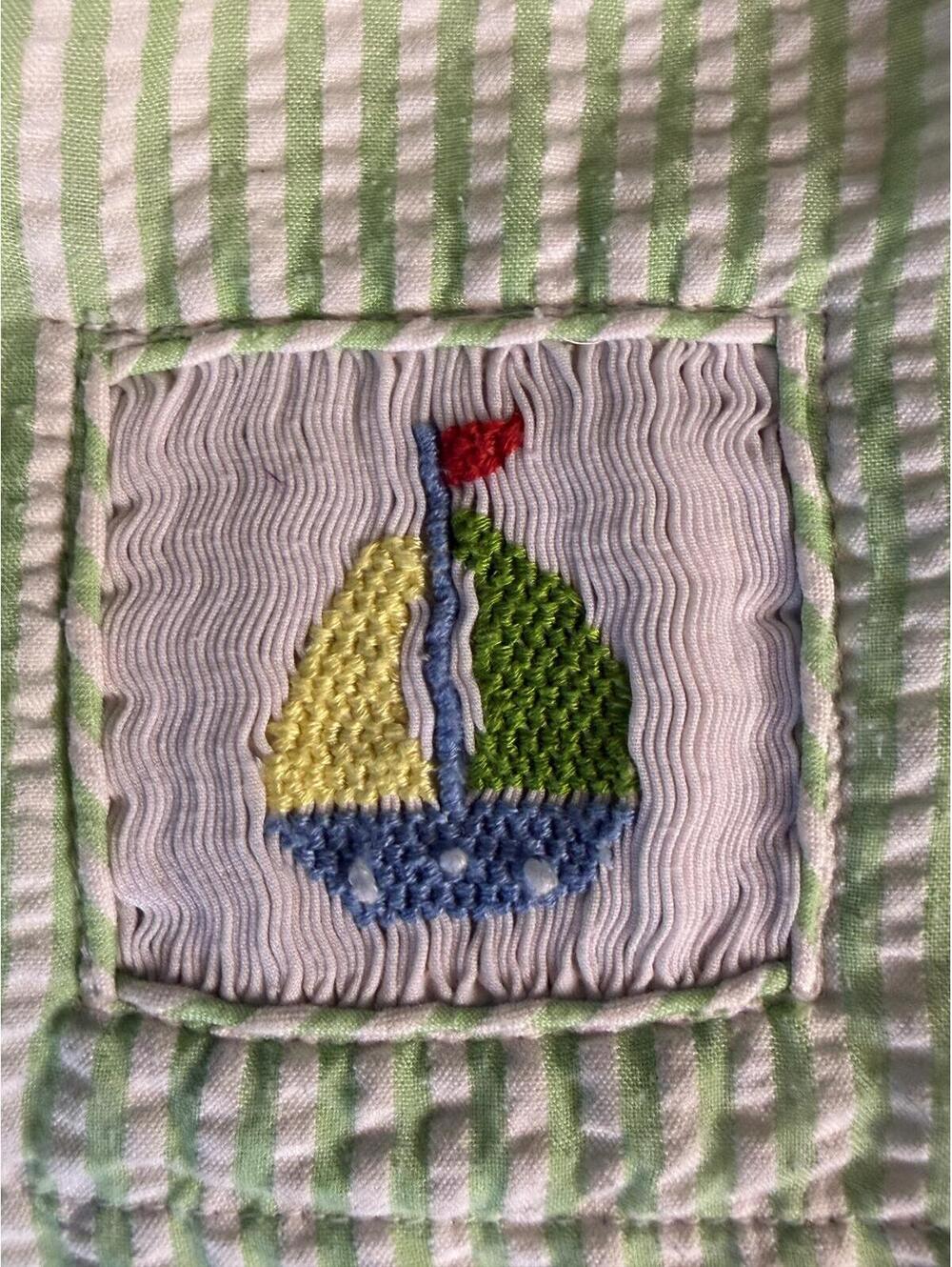The Smocking Place Green & Yellow Seersucker Shorts with Sailboat Patch